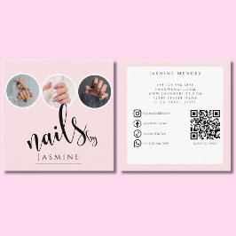Tarjeta De Visita Cuadrada Especialista en Uñas 3 Foto QR Redes Rosa Rosado