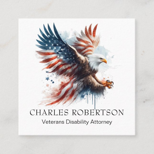 Tarjeta De Visita Cuadrada *~* Estadounidense. Águila calva de la bandera QR  (Anverso)