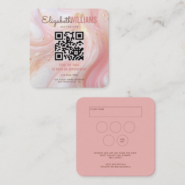 Tarjeta De Visita Cuadrada Estética de belleza de mármol rosa QR Lealtad de c (Anverso / Reverso)