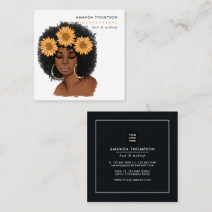 Tarjeta De Visita Cuadrada Estilista de cabello de mujer negra girasol