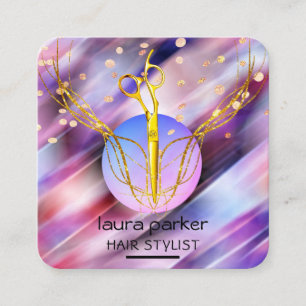 Tarjeta De Visita Cuadrada Estilista de cabello Tijeras de oro Luna púrpura S