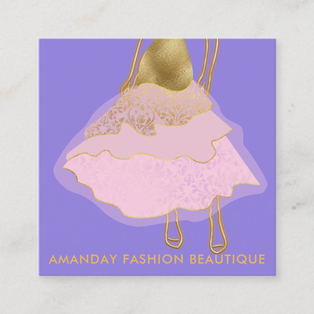 Tarjeta De Visita Cuadrada Estilo Moda Dorado Vestido Rosa Logo QR Estilo Vio (Anverso)