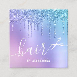 Tarjeta De Visita Cuadrada Estiloso purpurina azul y violeta gotea tijeras pe