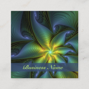 Tarjeta De Visita Cuadrada Estrella abstracta, arte fractal dorado verde azul