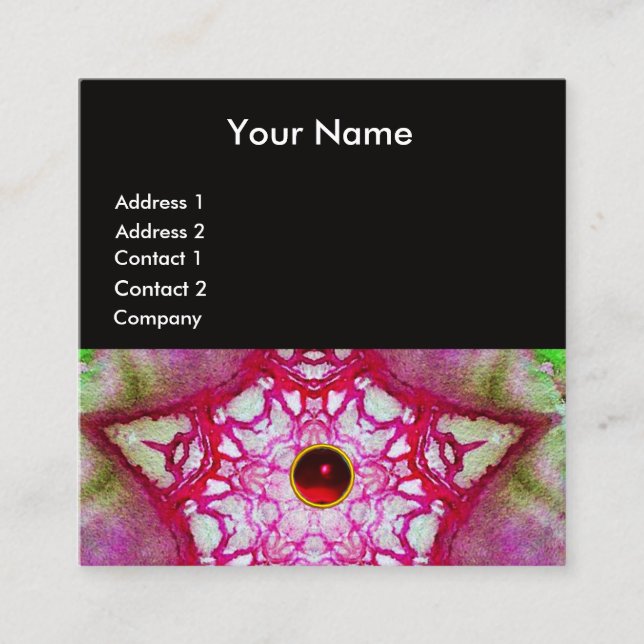 TARJETA DE VISITA CUADRADA ESTRELLA ROJA VERDE ABSTRACTA, MONOGRAMA GEMSTONE  (Anverso)