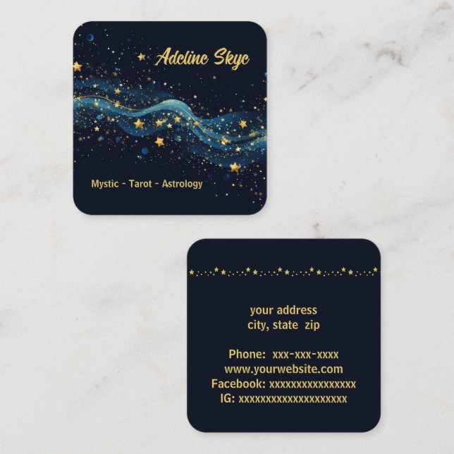 Tarjeta De Visita Cuadrada Estrellas celestiales de oro en azul (Anverso / Reverso)