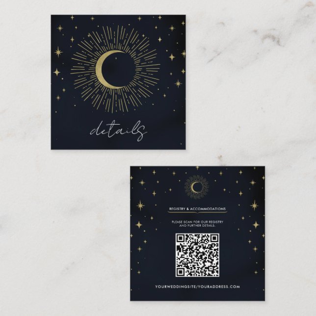 Tarjeta De Visita Cuadrada Estrellas Doradas Noche Estallido Celeste Boda Lun (Anverso / Reverso)