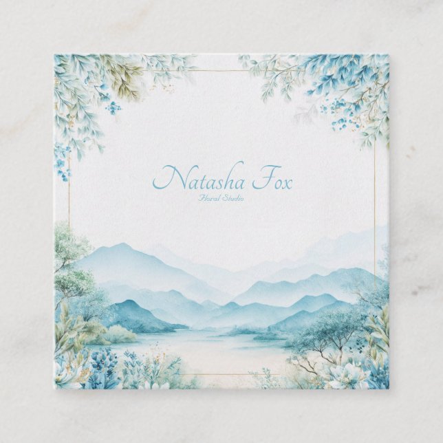 Tarjeta De Visita Cuadrada Ethereal Blue Mountain Floral Gold Frame Serene (Anverso)