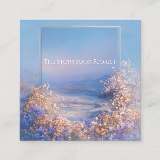 Tarjeta De Visita Cuadrada Ethereal Floral Meadow Gold Frame Serene Landscape (Anverso)