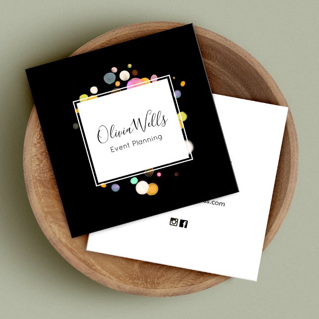 Tarjeta De Visita Cuadrada Event Planner Confetti Black Square Business Card (Subido por el creador)