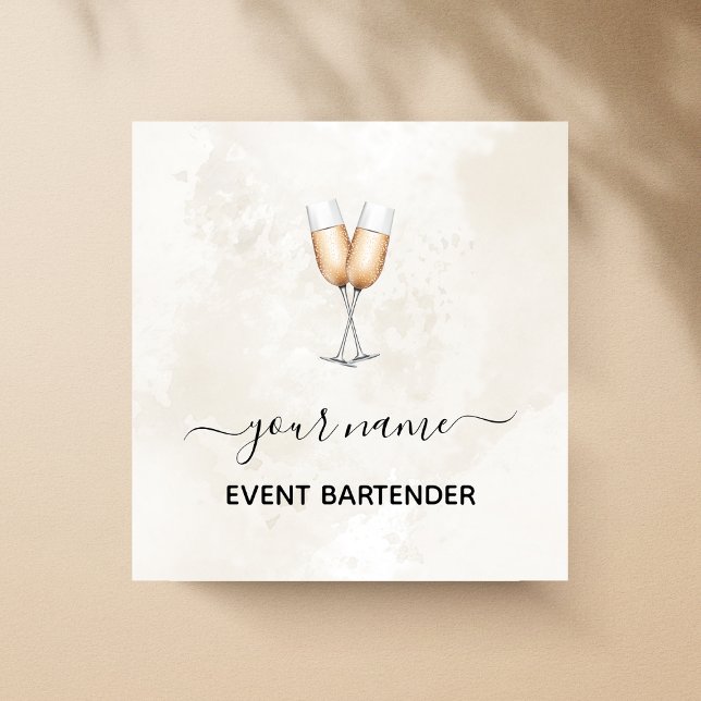 Tarjeta De Visita Cuadrada Evento Bartender Champagne Glasses Elegante Mármol (Subido por el creador)