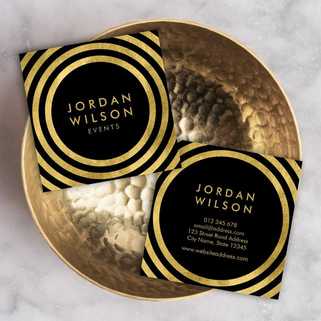 Tarjeta De Visita Cuadrada Evento Geométrico de Black Faux Gold Round Lines (Subido por el creador)