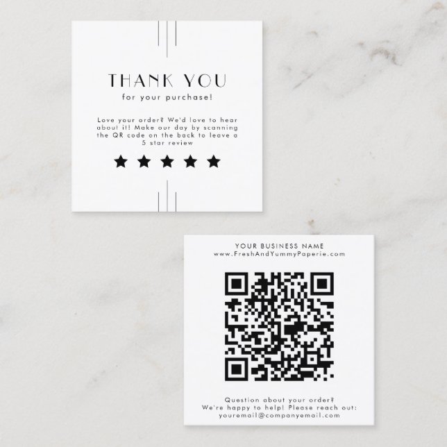 Tarjeta De Visita Cuadrada EVERLY Art Deco White Black QR Code Leave A Review (Anverso / Reverso)