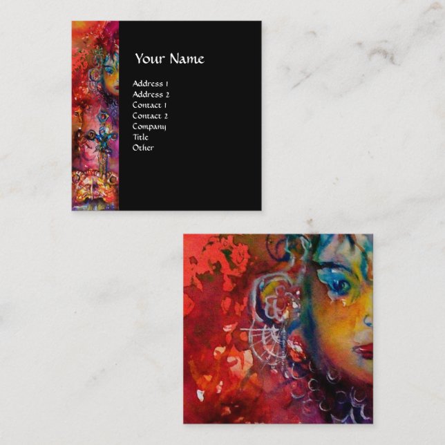 Tarjeta De Visita Cuadrada EXCALIBUR /MAGIC SWORD Fantasía negra morada (Anverso / Reverso)