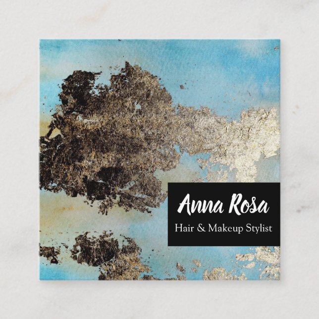 Tarjeta De Visita Cuadrada Excitación negra de plata azul de la acuarela del (Anverso)