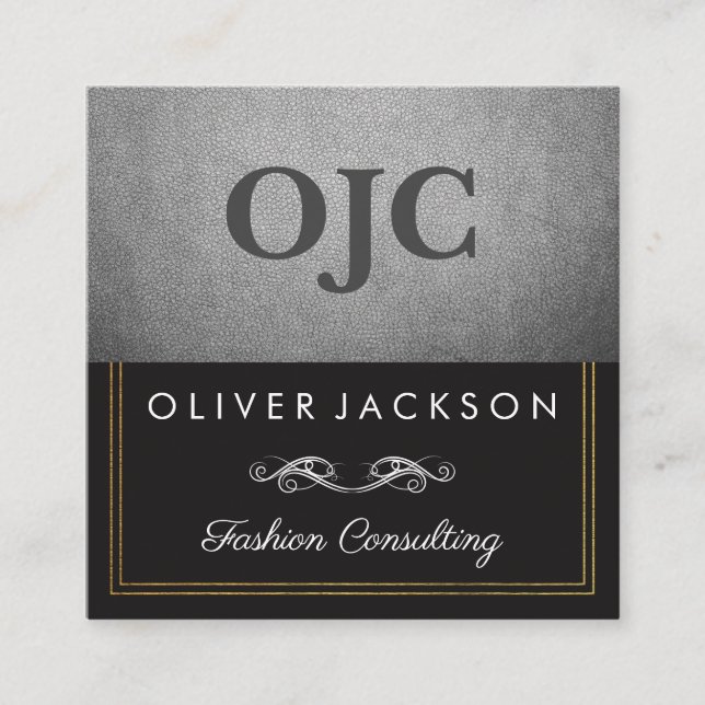 Tarjeta De Visita Cuadrada Exquisito cuero plateado con doble línea de trabaj (Anverso)