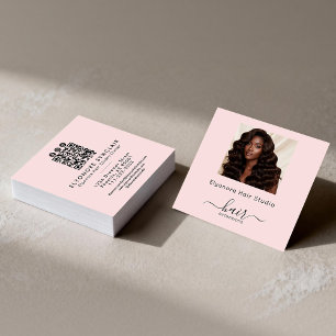 Tarjeta De Visita Cuadrada Extensión de cabello social QR de guión rosa rubor