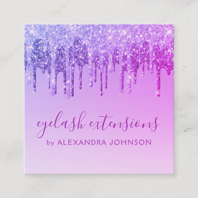 Tarjeta De Visita Cuadrada Extensiones de Eyelash de chispa de Purpurina púrp (Anverso)