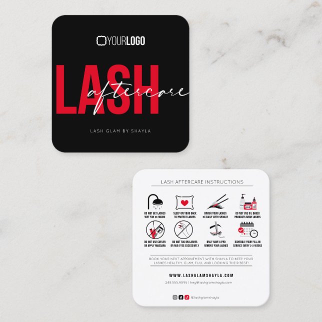 Tarjeta De Visita Cuadrada Extensiones de latigazo Instrucciones de atención  (Anverso / Reverso)