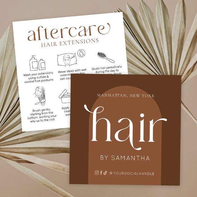 Tarjeta De Visita Cuadrada Extensiones de pelo después de cuidado moderno Boh (Modern hair extensions after care cards in boho terracotta design)