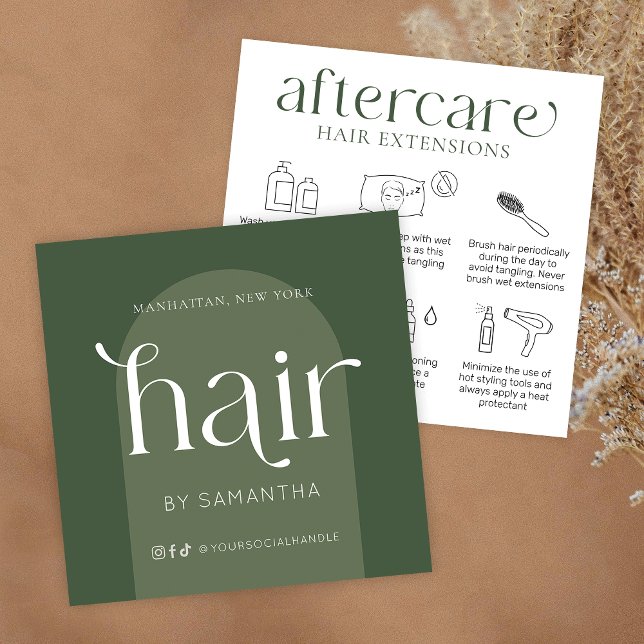 Tarjeta De Visita Cuadrada Extensiones de pelo después de cuidado moderno Boh (Hair extensions after care cards in boho sage green with care icons & trendy fonts)