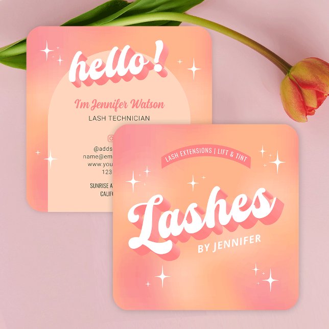 Tarjeta De Visita Cuadrada Extensiones Groovy Retro Girly Lash (Lashes business cards in trendy retro style with pastel peach background and groovy fonts)
