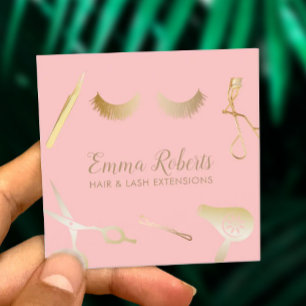 Tarjeta De Visita Cuadrada Extensiones Hair & Eyelash Modernas Rubor Pink & G