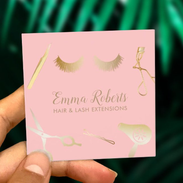 Tarjeta De Visita Cuadrada Extensiones Hair & Eyelash Modernas Rubor Pink & G (Subido por el creador)