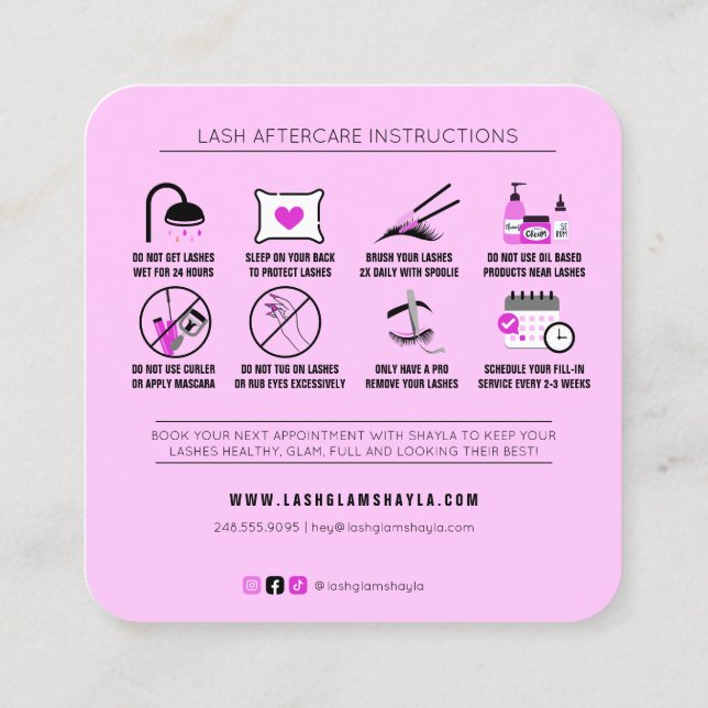 Tarjeta De Visita Cuadrada Extensiones Lash Afcare Fuchsia Pink (Reverso)