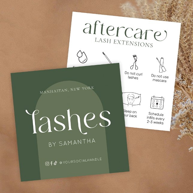 Tarjeta De Visita Cuadrada Extensiones Lash Aftercare Moderno Boho Sage Green (Lash extensions after care cards in boho sage green with care icons & trendy fonts)