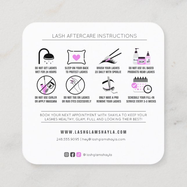 Tarjeta De Visita Cuadrada Extensiones Lash Instrucciones de Aftercare Fuchsi (Reverso)