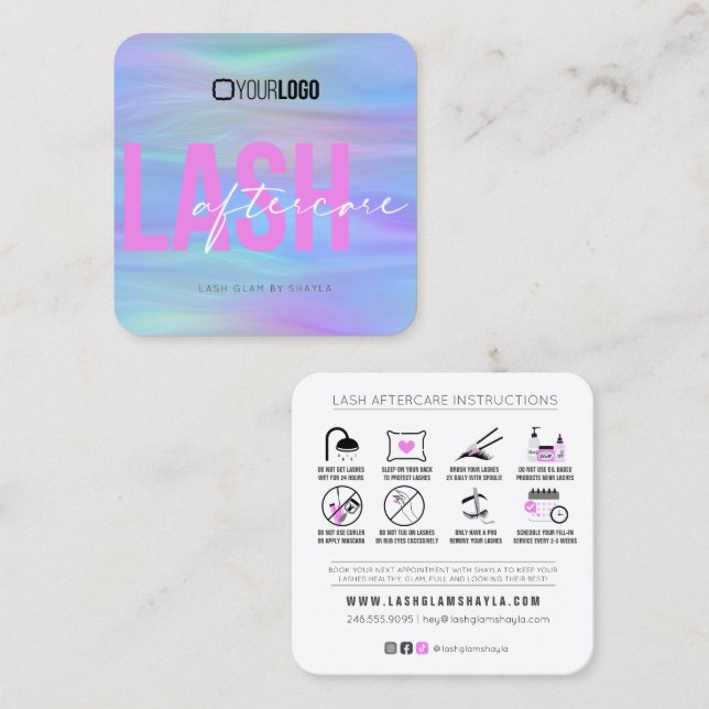 Tarjeta De Visita Cuadrada Extensiones Lash Instrucciones de Aftercare Fuchsi (Anverso / Reverso)