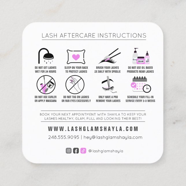 Tarjeta De Visita Cuadrada Extensiones Lash Instrucciones de Aftercare Fuchsi (Reverso)
