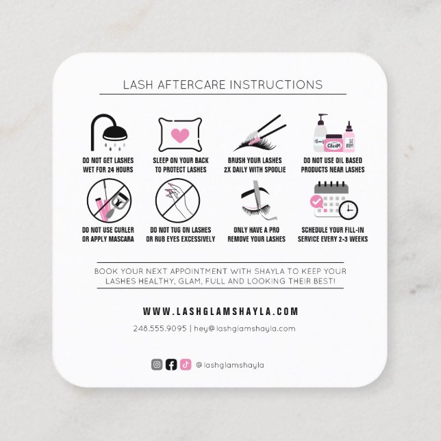 Tarjeta De Visita Cuadrada Extensiones Lash Instrucciones de Aftercare Pink B (Reverso)