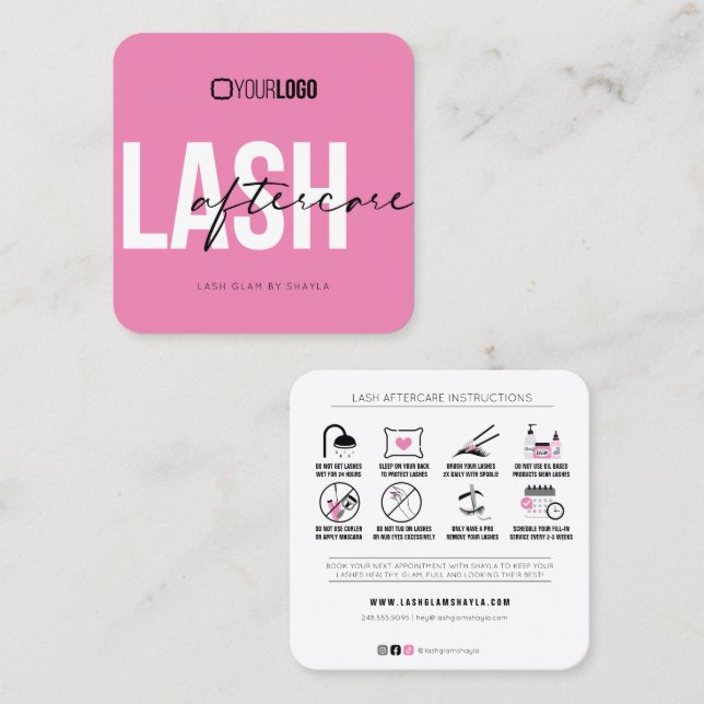 Tarjeta De Visita Cuadrada Extensiones Lash Instrucciones de Aftercare Pink B (Anverso / Reverso)