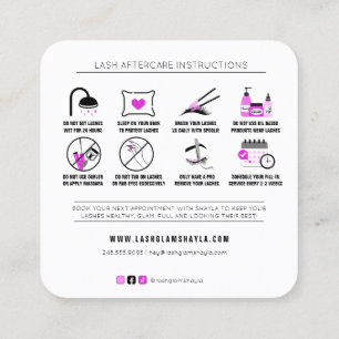 Tarjeta De Visita Cuadrada Extensiones Lash Instrucciones de Aftercare Sq Hot