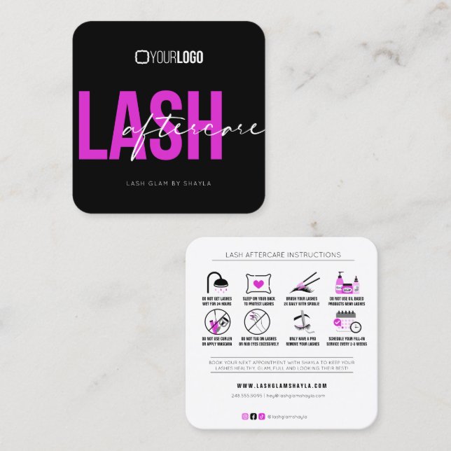 Tarjeta De Visita Cuadrada Extensiones Lash Instrucciones de Aftercare Sq Hot (Anverso / Reverso)