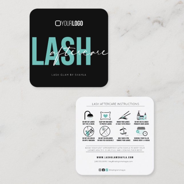 Tarjeta De Visita Cuadrada Extensiones Lash Instrucciones de Aftercare Square (Anverso / Reverso)