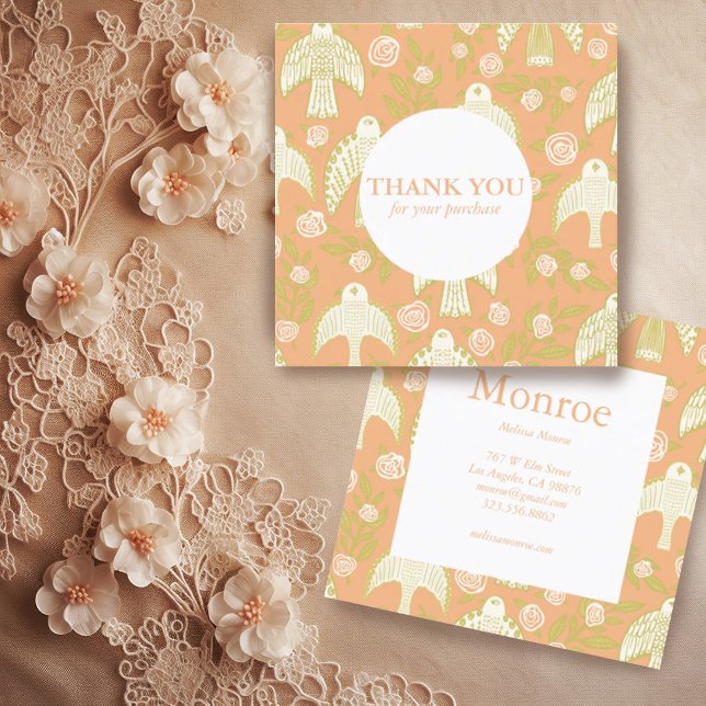 Tarjeta De Visita Cuadrada Falcons y Rosas Moda Elegante Orden Gracias (Custom order thank you card with birds and botanicals design)
