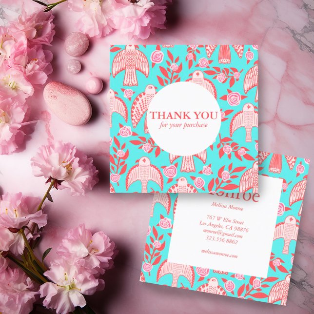 Tarjeta De Visita Cuadrada Falcons y Rosas Moda Elegante Orden Gracias (Custom thank you for your order card with a falcons and roses pattern in aqua and pink)