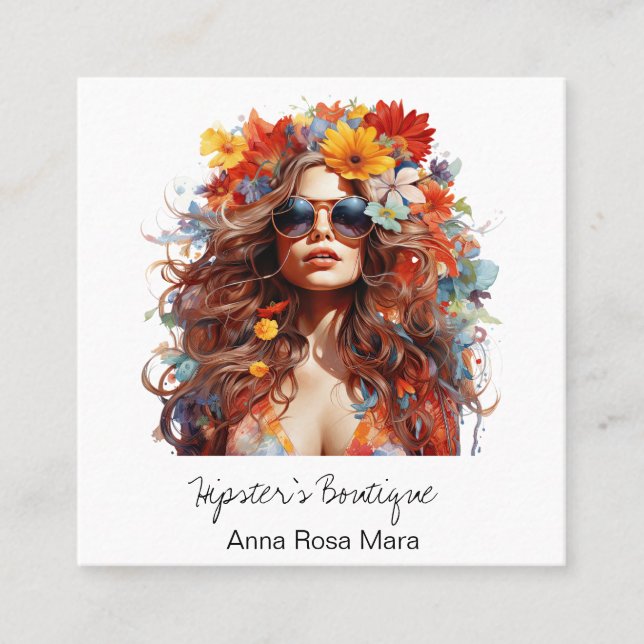 Tarjeta De Visita Cuadrada *~* FALL AP57 QR Boho Flowers Hair Hippie Lady (Anverso)