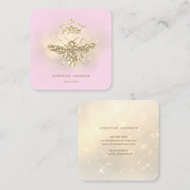 Tarjeta De Visita Cuadrada falso purpurina reina abeja en rosa (Anverso / Reverso)