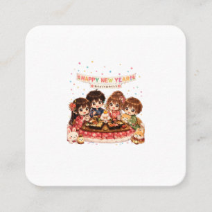 Tarjeta De Visita Cuadrada • Familia Chibi disfrutando de un festín de Año Nu