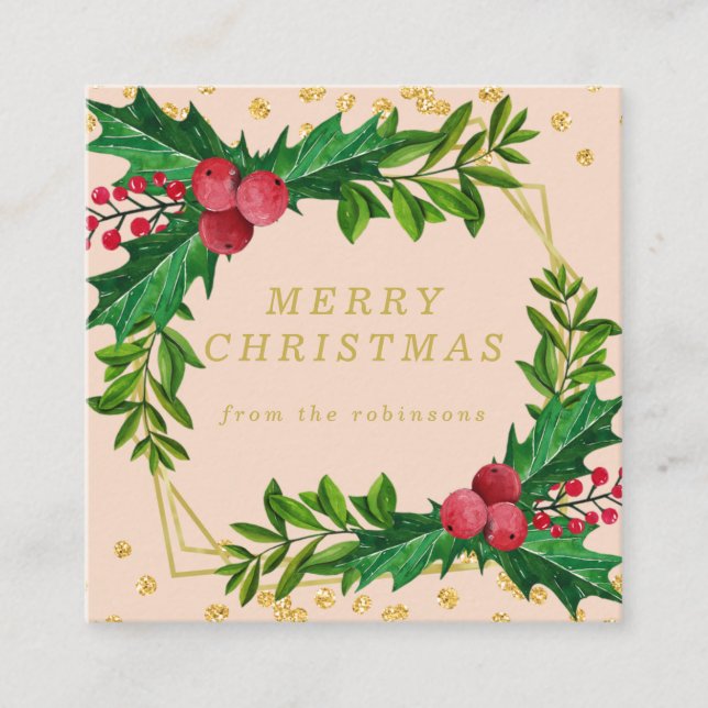 Tarjeta De Visita Cuadrada Familia Rubor Gold Feliz Purpurina navideño (Anverso)