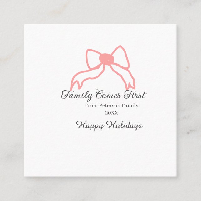 Tarjeta De Visita Cuadrada Family comes first red bow family name holidays (Anverso)