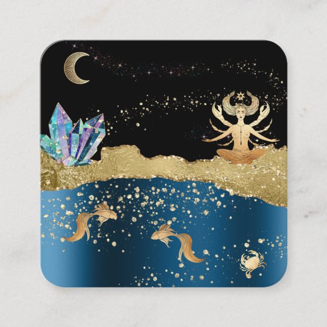 Tarjeta De Visita Cuadrada *~* Fantasía Diosa Crystal Oro Celestial del Cánce (Anverso)