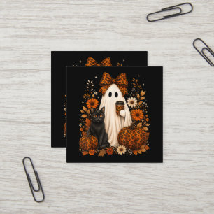Tarjeta De Visita Cuadrada Fantasma con gato negro de café Halloween