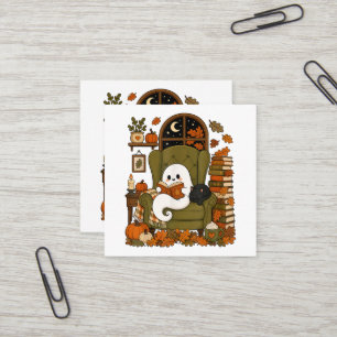 Tarjeta De Visita Cuadrada Fantasma Lindo Leyendo Libro Gato Negro Otoño Cala