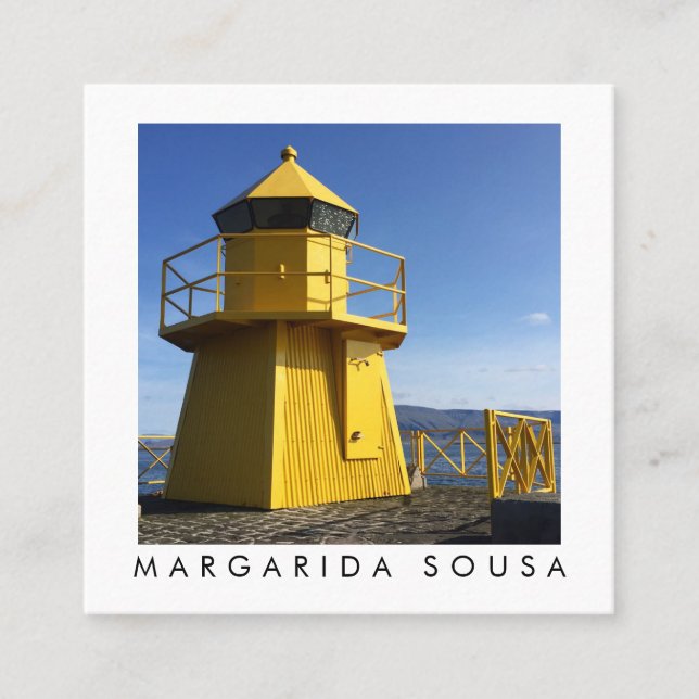 Tarjeta De Visita Cuadrada Faro amarillo Islandia foto turismo de viaje (Anverso)