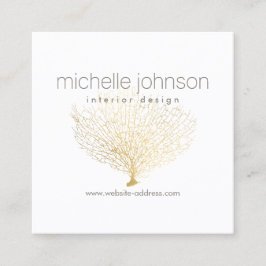 Tarjeta De Visita Cuadrada Faux Gold Sea Fan Coral Designer Interior